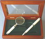 White Celluloid Magnifier/Pen Set